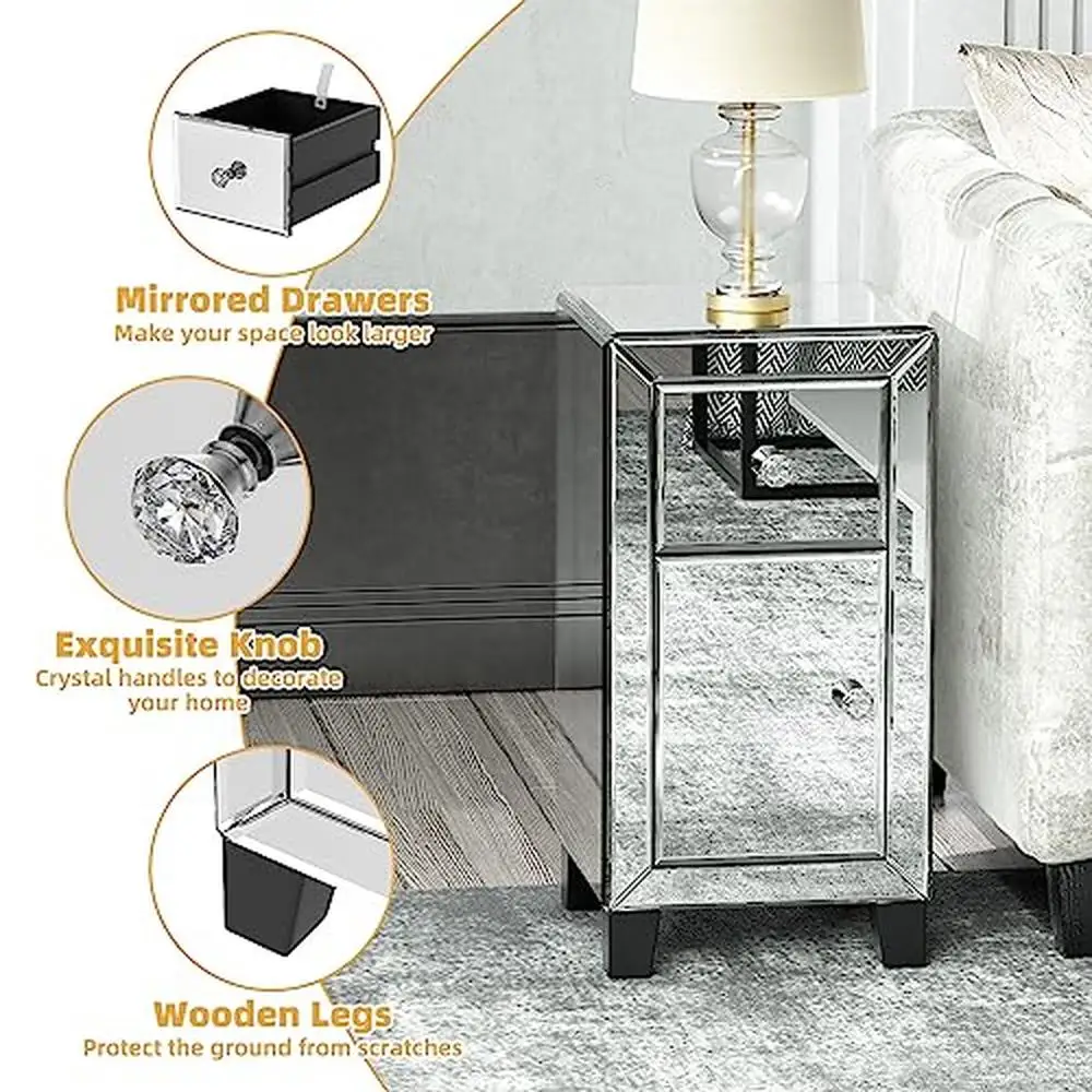 Mesita de noche con espejo, mueble con cajones, mesita de noche, dormitorio, sala de estar, entrada, diseño elegante, patas de madera, superficie de vidrio elegante