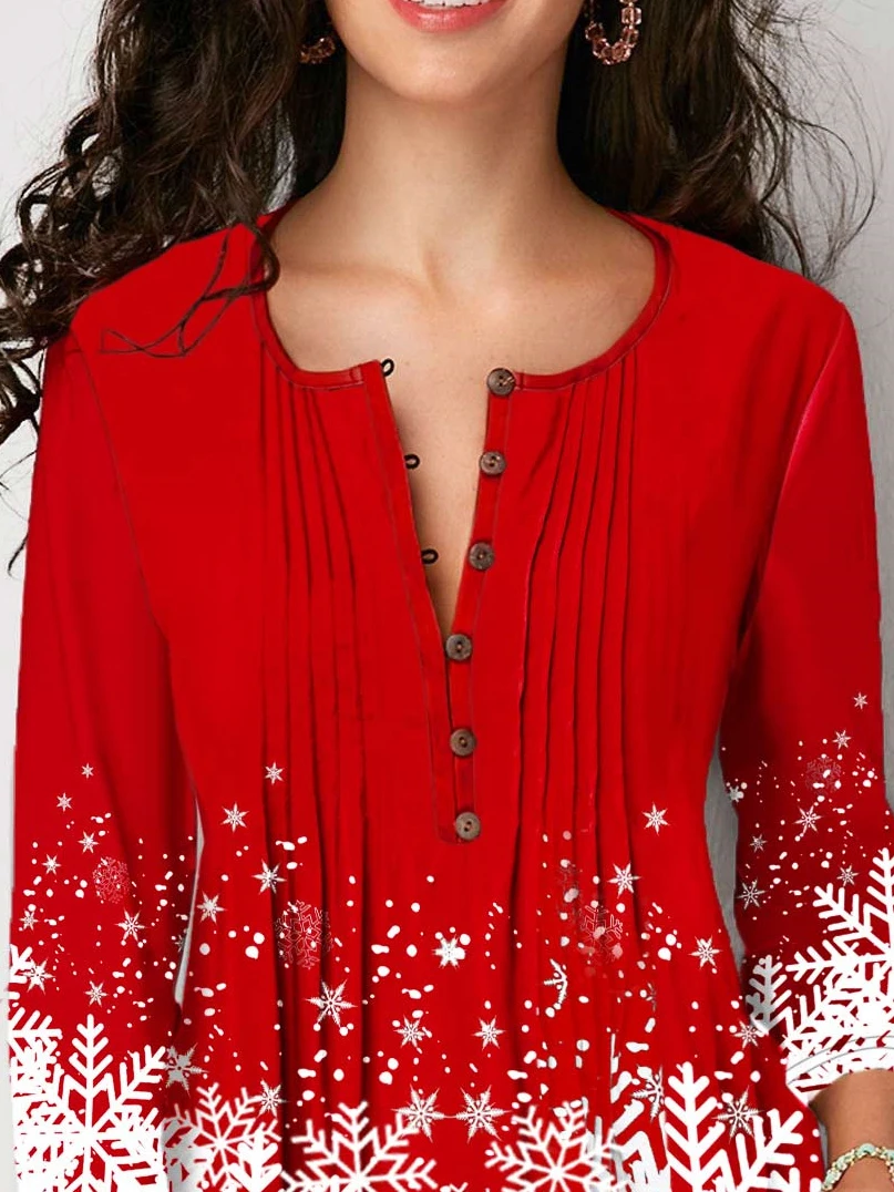 Plus Size Women Christmas 3/4 Sleeve V-neck Graphic Printed Top