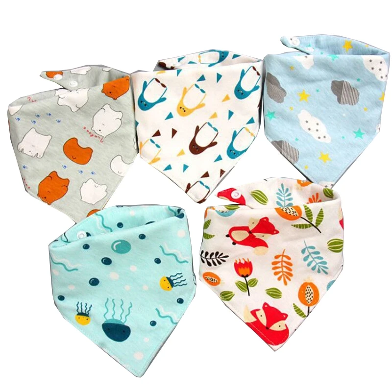 Q0KB 5 Pcs Baby Feeding Drool Bibs Saliva Towel for Triangle Scarves Bandana Soft Cotton Bibs Adjustable Button Burp Cloth