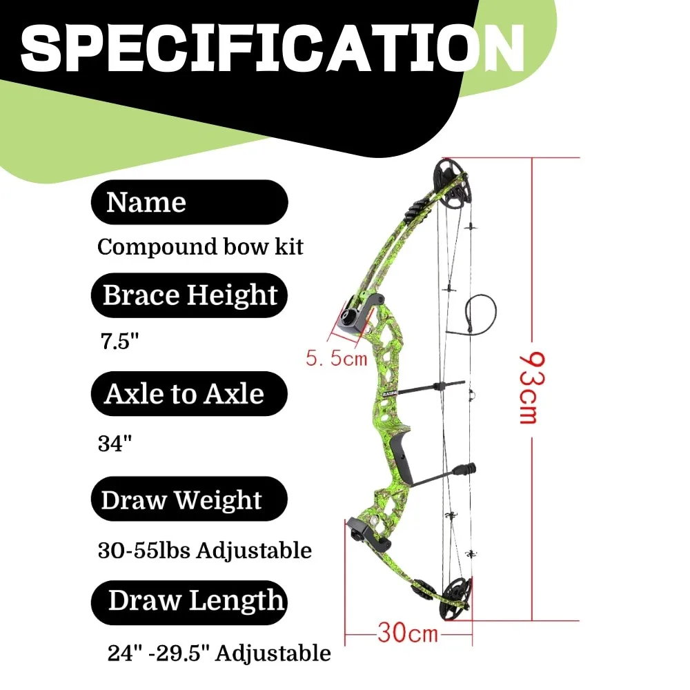 JUNXING 30-55Ibs Archery Compound Bow Set with 12 Carbon Arrows Let-off 70% Alloy Bow For Adults Hunting Shooting Outdoor Sports
