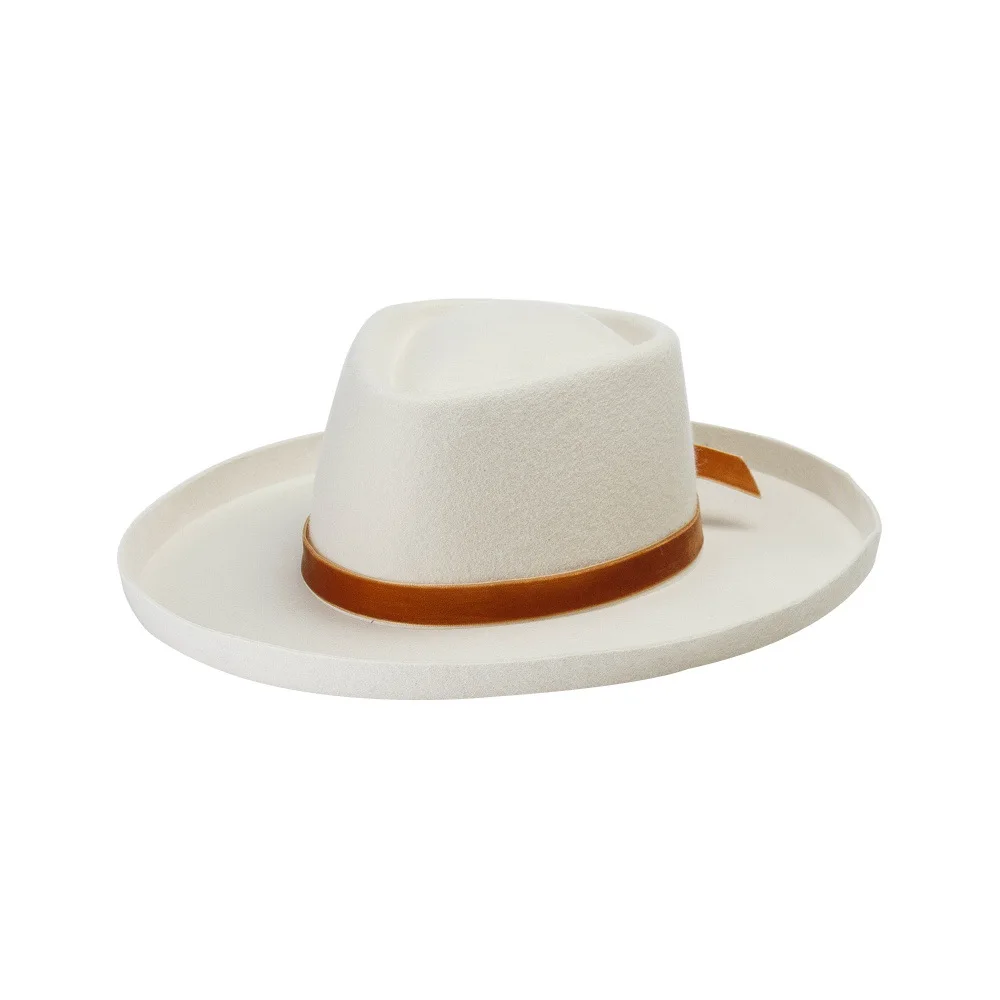 Simple Fashion Velvet Decorative Wide Brim Woolen Jazz Hat with Rolled Edge for Travel Photography and Stage Styling