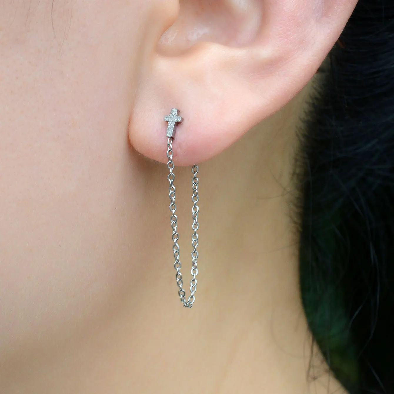 1PC Surgical Steel Star Cross Cartilage Piercing Long Tasse Chain Dangle Earring Conch Ear Stud Helix Lobe Piercing Body Jewelry