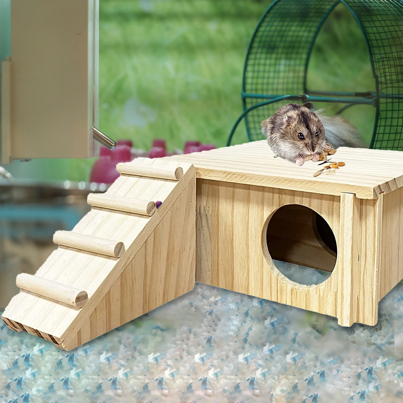 Hamster Wood House Sleeping House Cabin with Ladder and Window Cage Accessories for Gerbils Mouse Chinchilla