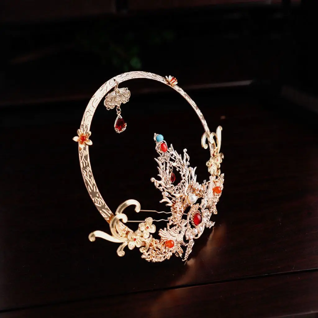 Womens Retro Phoenix Flower Halo Crown Hair Stick Chinese Headwear