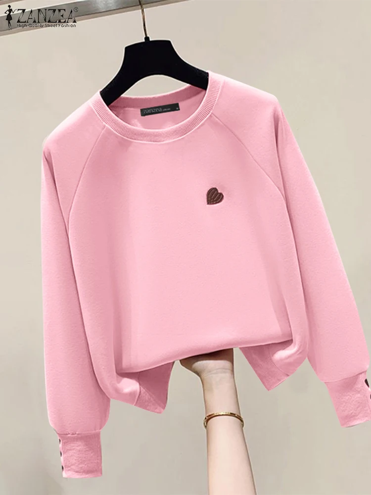 Women Sweatshirts Sweety Heart Embroidery Pullover ZANZEA Elegant Round Neck Autumn Hoodies 2024 Casual Loose Long Sleeve Tops