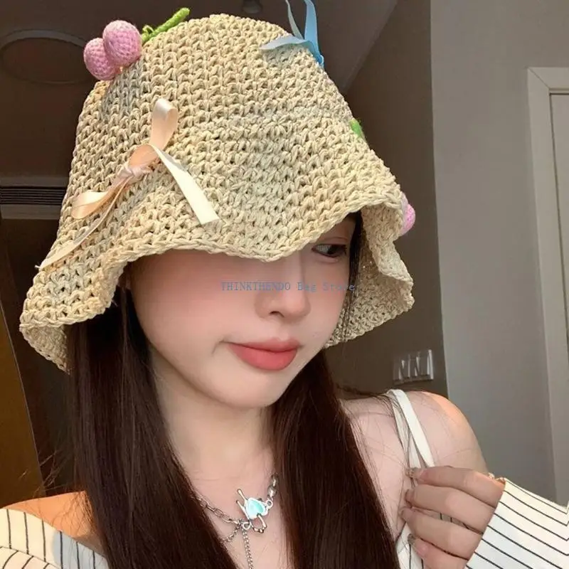 340D Woman Crochet Bucket Hat with Bowknot Decals Floppy Hat for Travel Casual