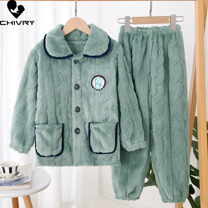 

New 2022 Autumn Winter Kids Thick Warm Flannel Pajama Sets Baby Boys Girls Cartoon Long Sleeve Lapel Clothing Sleepwear Pyjamas