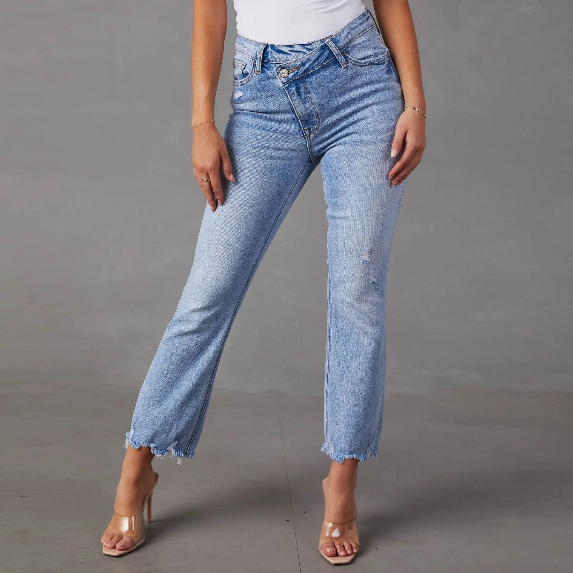 Nouveau femmes Stretch coupe ajustée bleu clair haute qualité jean taille haute décontractée dame femme pantalon en Denim droit