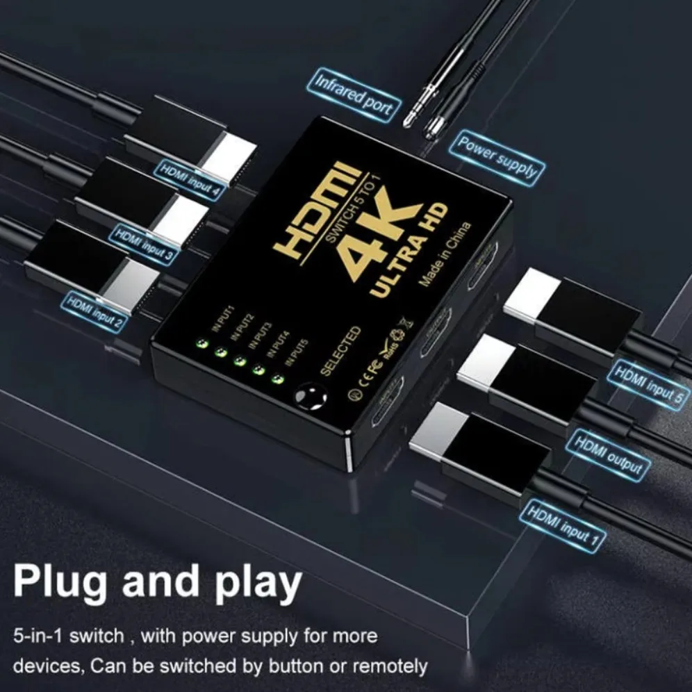 4K HDMI Switch 5 In 1 Out HDMI Switches Selector Splitter Hub With IR Remote Controller HDMI Switcher for Xbox PS4 DVD HDTV PC