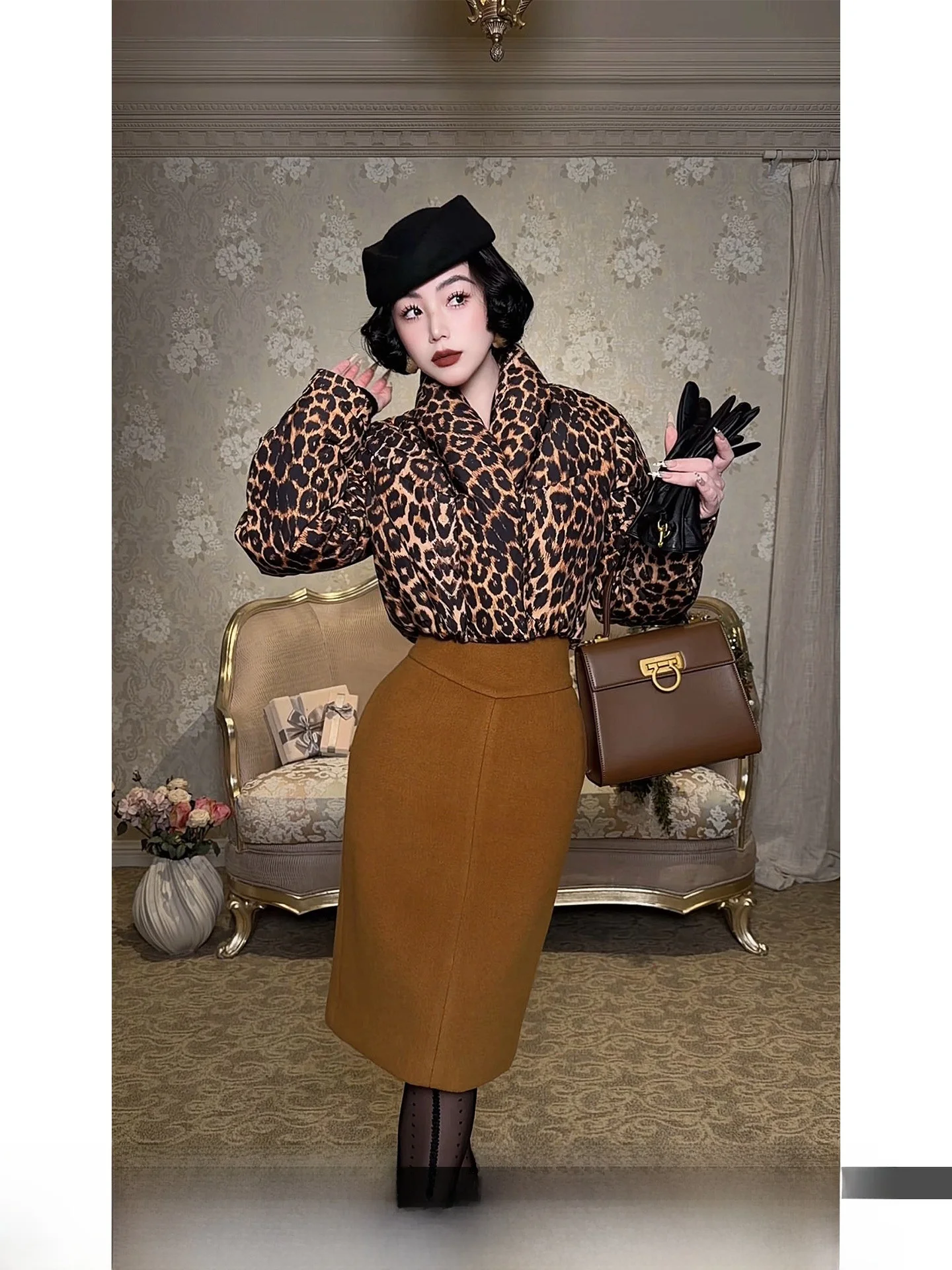 

BaoLeiXue Women's ort down Jaet 2025 New Winter Waist-Cinching High-Rise Leopard Print Outerwear Warm Thiened Filling