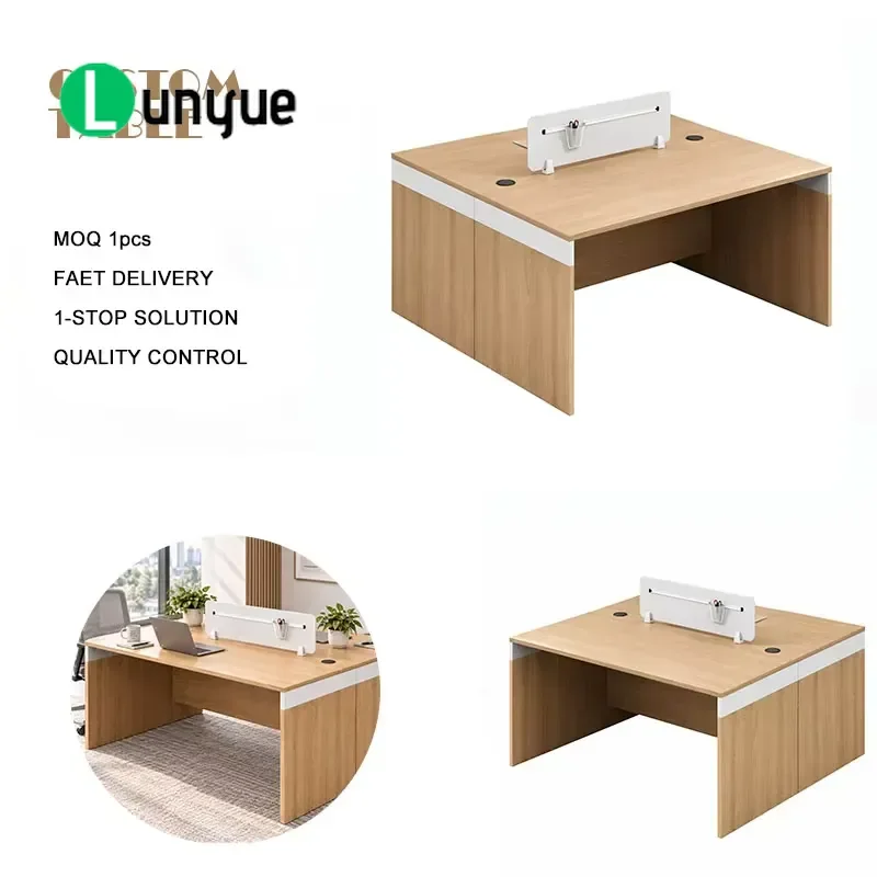 Modular Office Workstation for Two Person White Tabletop Baffle Cable Threading Sleeve Light Wood Grain Finish Panel Legs