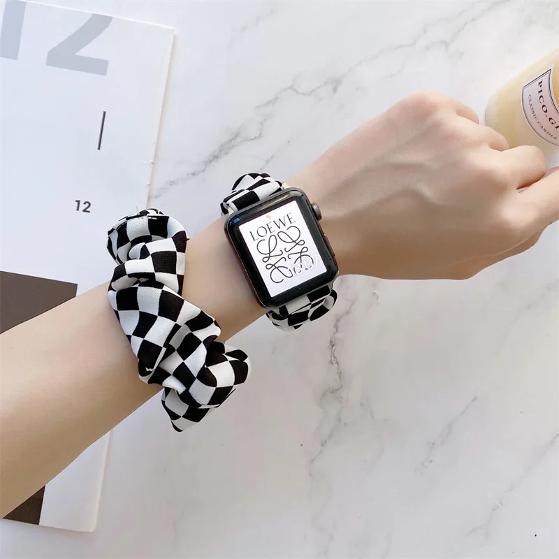 Girls' Hair Ring Checkerboard Fabric Watch Strap for Apple Watch Series 7/6/5/4/se/3/2/1 Daily Life Women Watchband