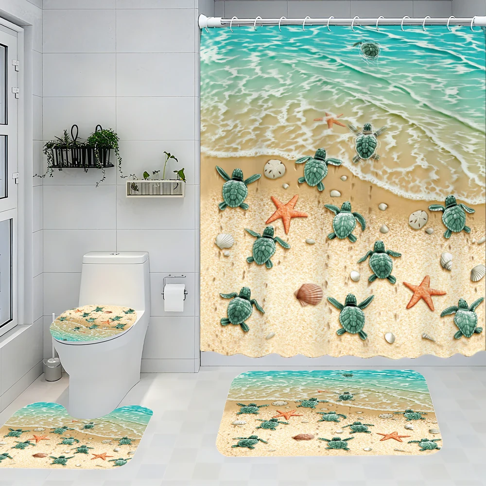 

Beach Cute Little Turtle Bathroom Four-piece Set - Avant-garde waterproof shower curtain, creating a complete bathroom kit