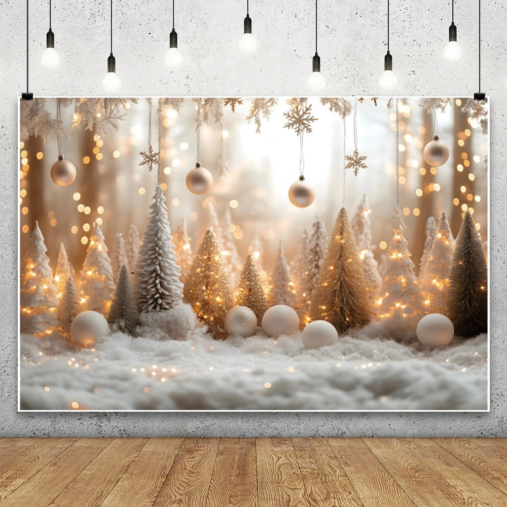 Winter Snow Christmas Background Photography Golden Sparkling Bells Pine Forest Family Party Kids Portrait Decor Backdrop Studio