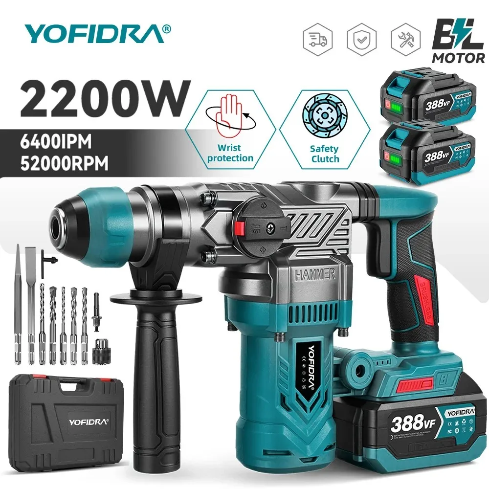 YOFIDRA 2200 W Bürstenlosen Elektrische Hammer Schlagbohrmaschine Multifunktionale Akkuschrauber Dreh Werkzeug Für Makita 18 V Batterie
