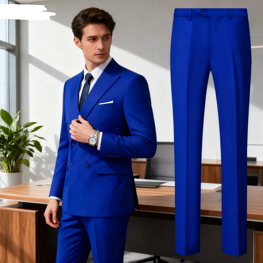 

Solid Man Double-breasted 2 Piece Outfit Set Peak Lapel Wedding Business Casual Stage Costume Graduation Suit