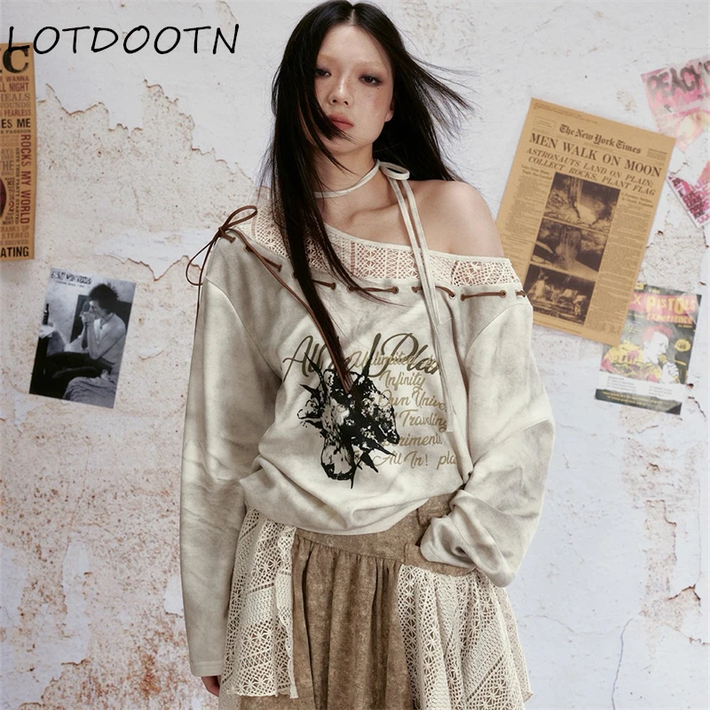 

LOTDOOTN Japanese Y2k Vintage Skew Collar Printed Patchwork Tops Mujer Mesh Off Shoulder Women Long Sleeve Loose T-Shirts Autumn