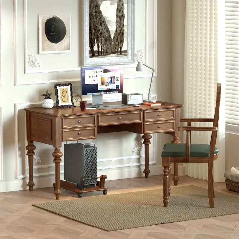 American country full solid wood desk desktop computer desk home office table and chair combination walnut retro writing desk