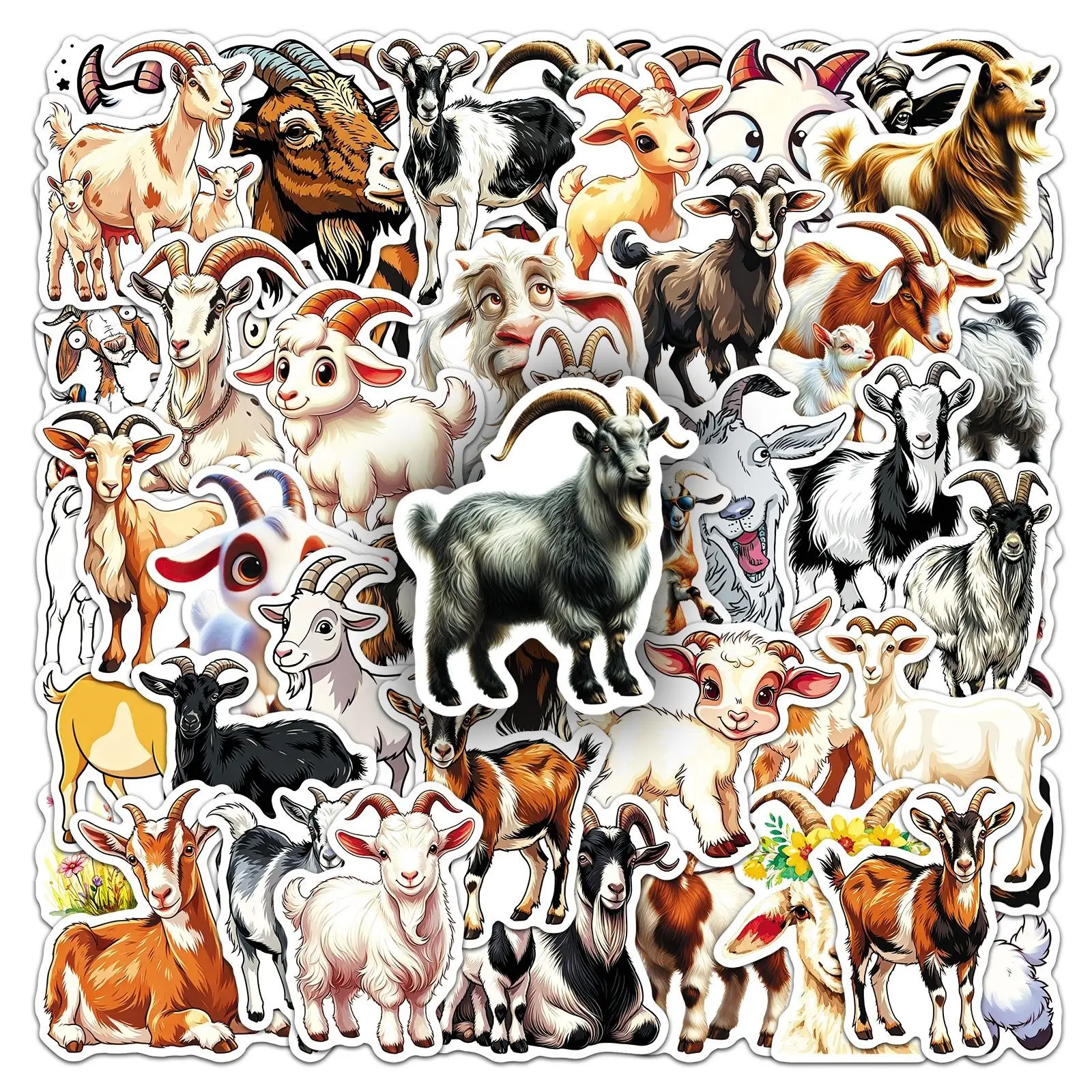 50 Pcs Goat Stickers Cartoon Cute Little Sheep Animal Painted Waterproof Decorative Journal Stationery Storage Box Stickers