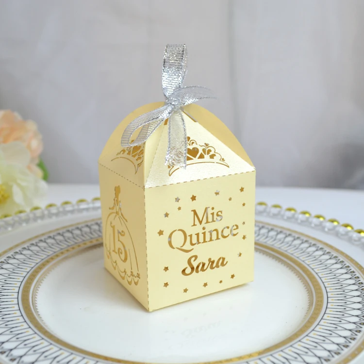 Sweet 15 Party Decoration Laser Cut Custom Name Quinceanera Favors Boxes with Ribbon