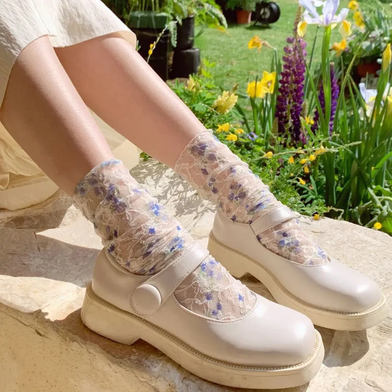 Hollow Out Mesh Thin Breathable Summer Loose Long Socks Lolita Kawaii Socks Women Harajuku Retro Streetwear Lace Floral Socks