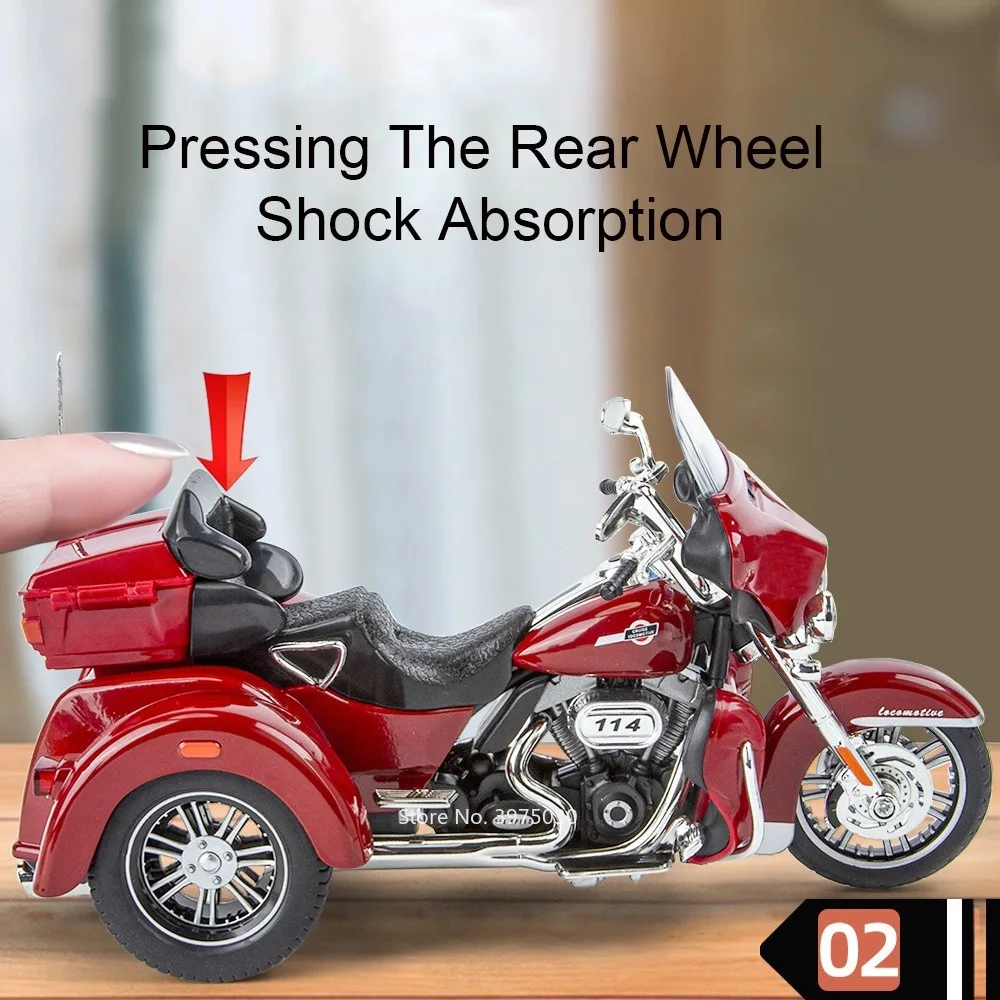 1/9 Three Wheeled Alloy Motorcycle Car Model Toy Sound Light Shock Absorption Front Wheel Steering Vehicles for Boys Collection