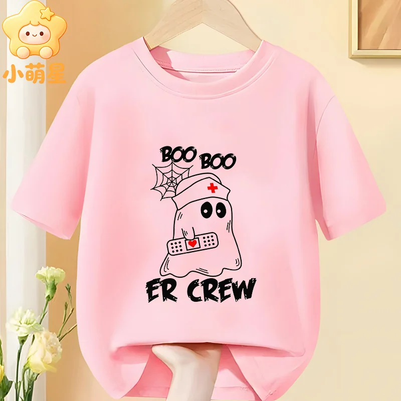 Boo Crew Graphic Kids Halloween T‑Shirt Funny Nurse Ghost Spider Web Print Pure Cotton Short‑sleeve Boys Girls Holiday Tees