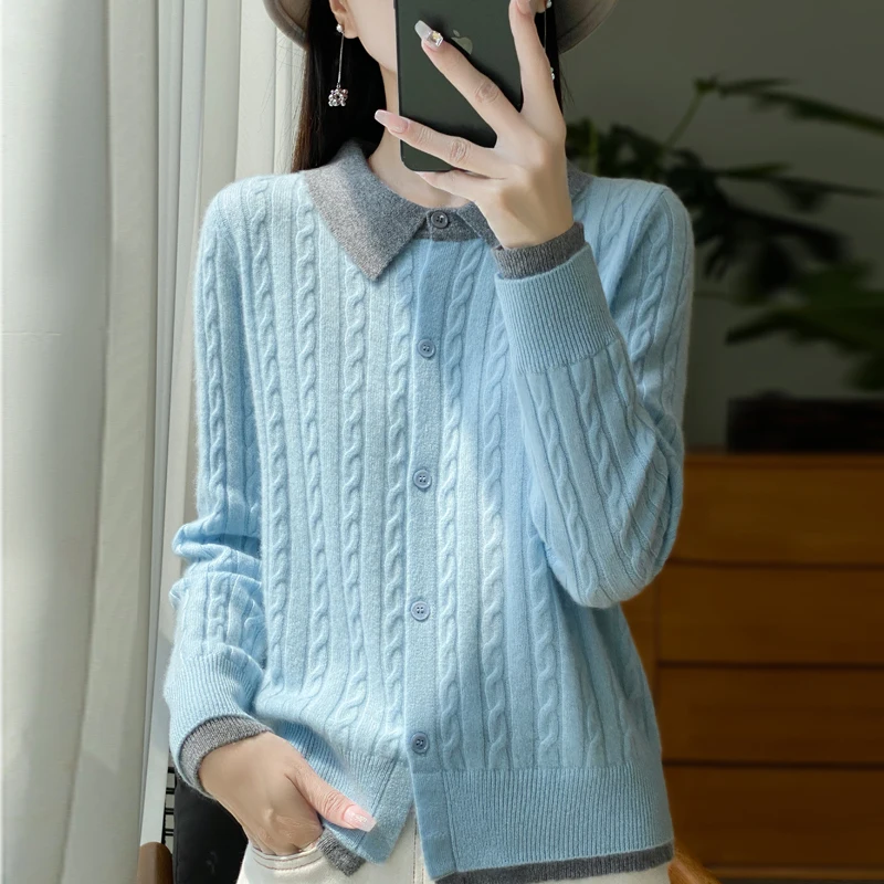 100% merino wool women's cardigan polo neck color matching fake two piece twisted loose fashion knit bottoming long sleeve top