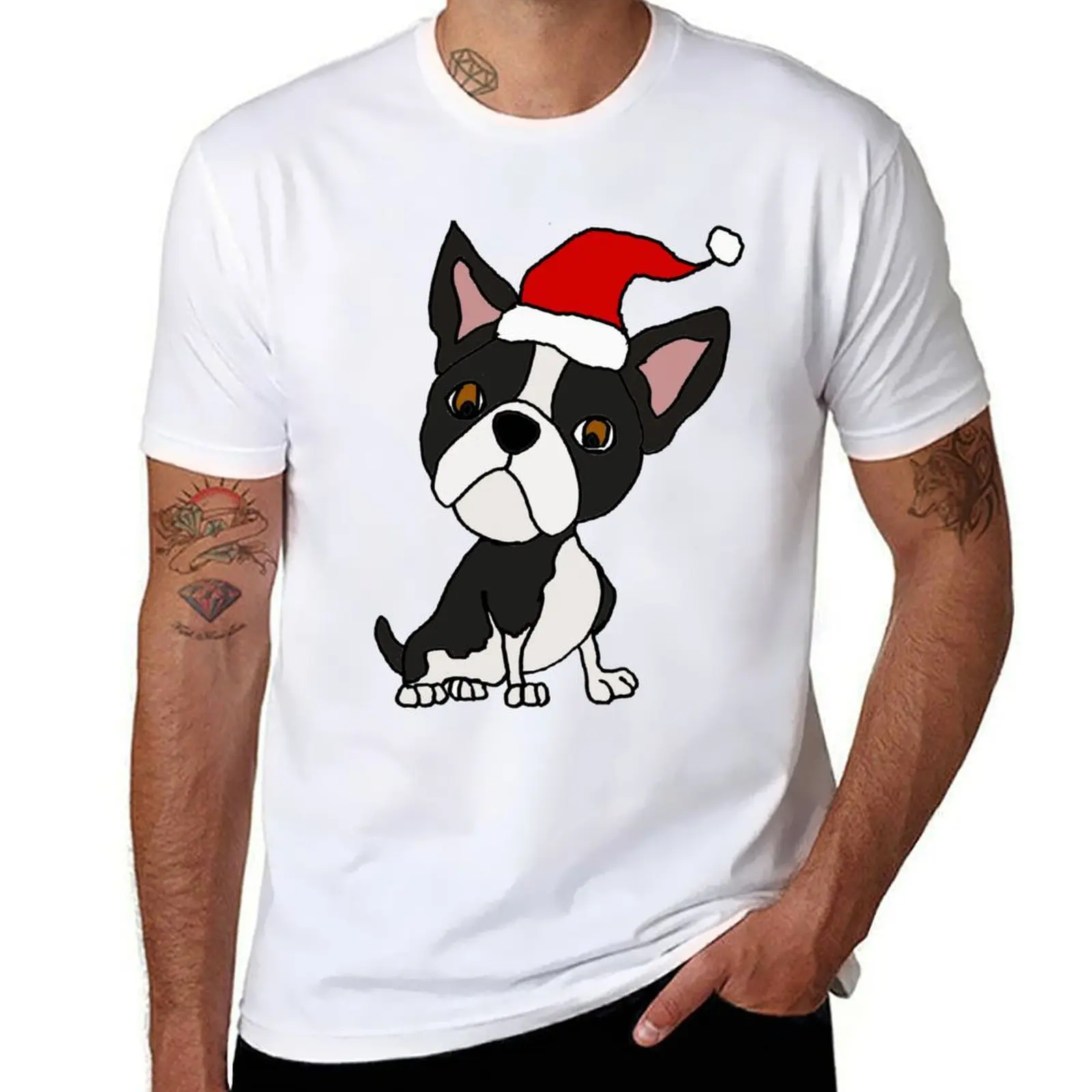 

Cute Boston Terrier in Santa Hat Christmas Cartoon T-Shirt man t shirt summer t shirts for man cotton T-Shirt