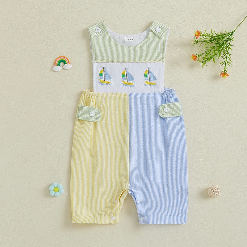 

Baby Boy Overalls Romper Summer Wear Infant Sleeveless Loose Fit Striped Sailboat Embroidery Jumpsuit Clothes Outfits Playsuit