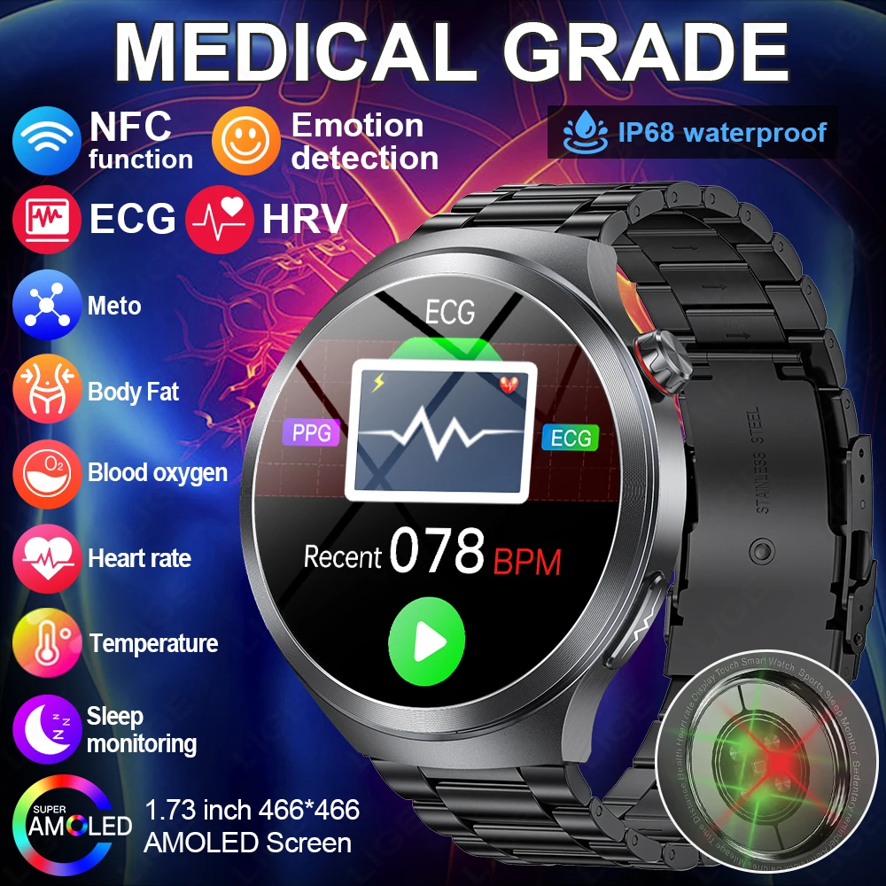 

LIGE Новые Смарт-часы ЭКГ для мужчин 1,73 дюйма AMOLED-экран Эмоциональное обнаружение Мониторинг усталости Часы NFC Контроль доступа Мужские Smartwatc