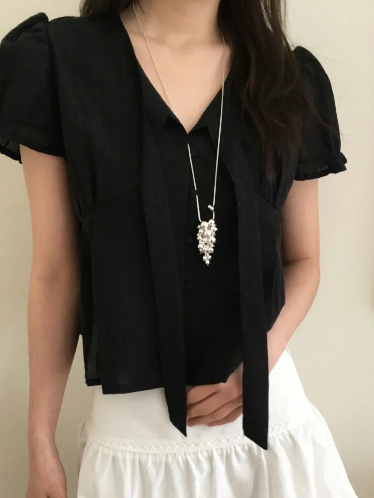 Chic Summer  Age-Defying Micro-Transparent Single-Button Bow Short-Sleeve Women's Shirt Korean Style V-Neck Regular Length