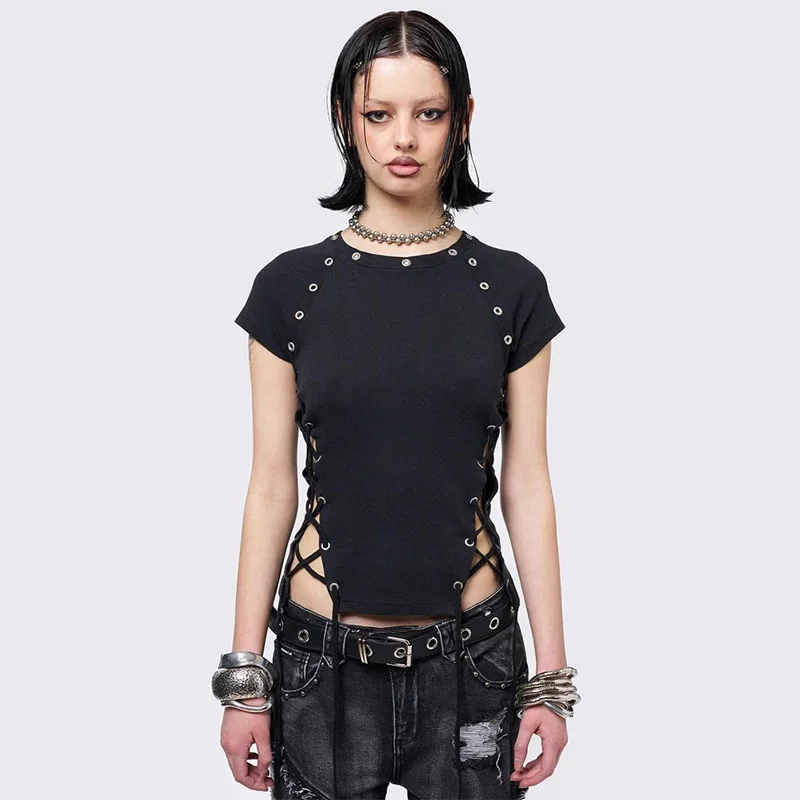 2026 Summer Women Y2K Grunge Goth Streetwear Sexy Eyelet Side Lace Up Cutout Slim Fit Cropped Crew Neck Short Sleeve T-shirt