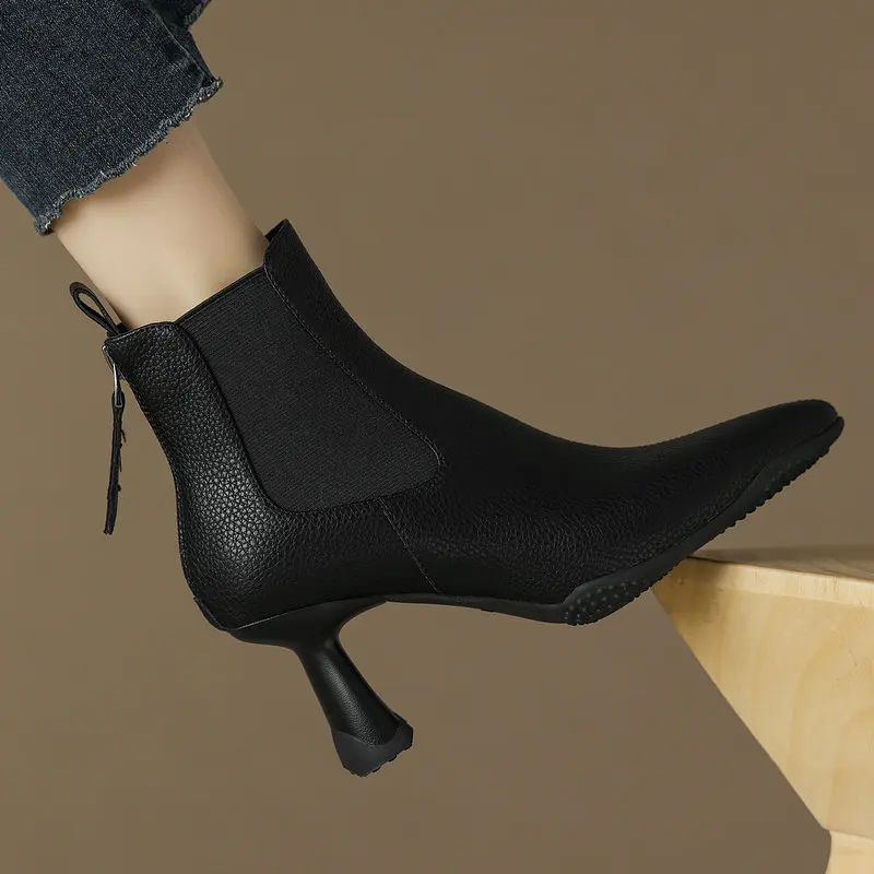 

2024 Autumn Winter Women Ankle Boots Thin High Heel Pointed Toe Genuine Leather Elastic Band Zipper Shoes Woman Size 34-40