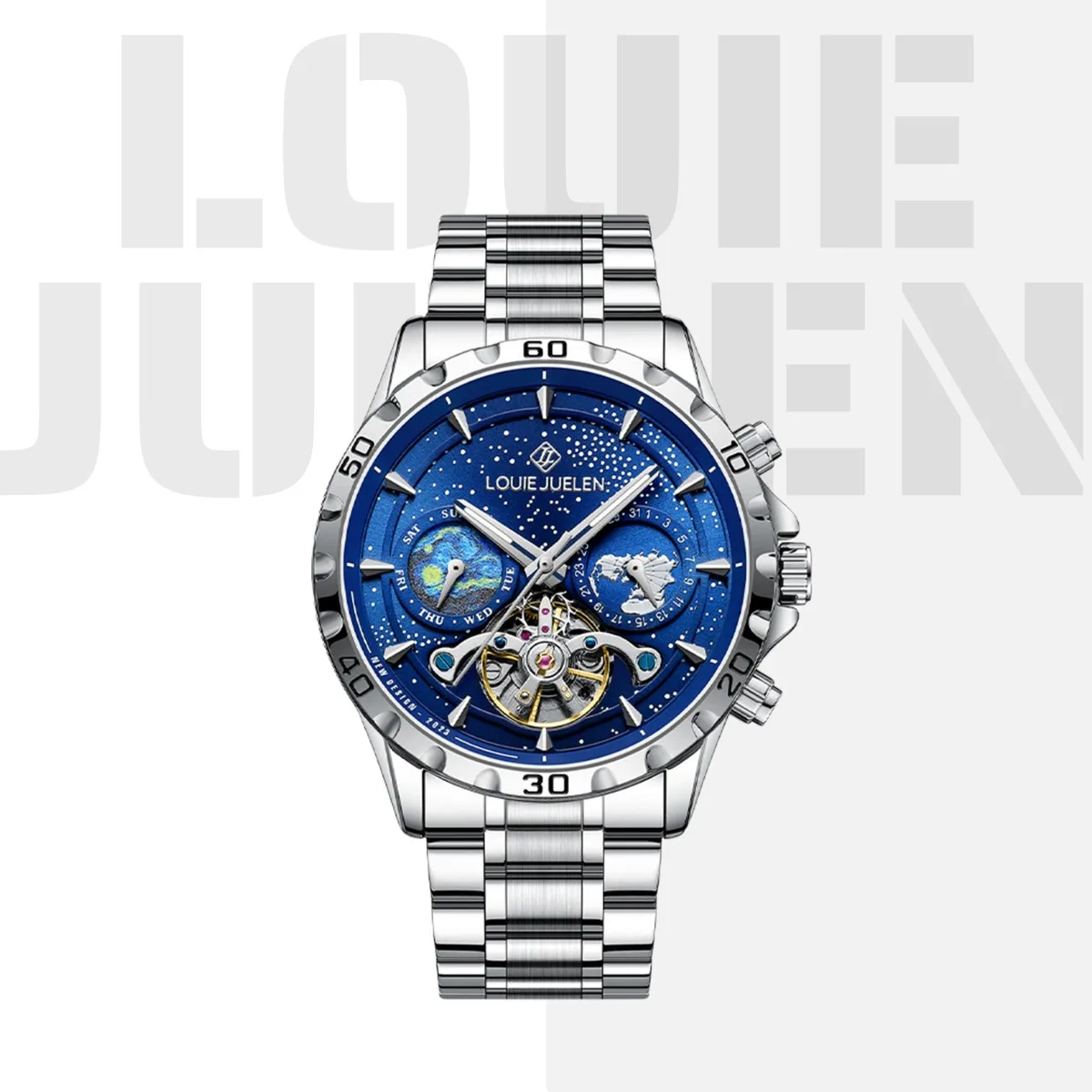 

LOUIE JUELEN Star Sea Series Mechanical Watch Hollow Automatic Men's Mechanical Watch Waterproof Steel Belt Watch