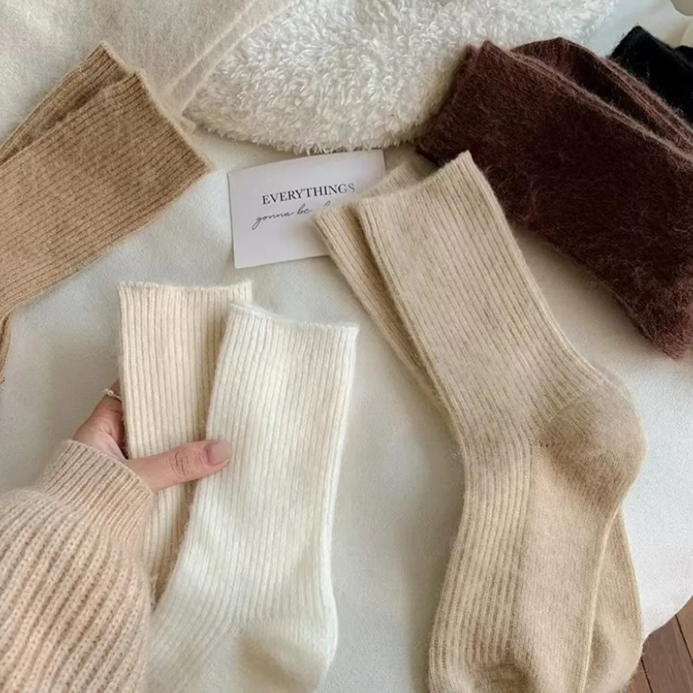 Casual Cashmere Fuzzy Wool Socks Thermal Thick Winter Warm Velvet Socks Solid Color Mid Tube Socks For Women
