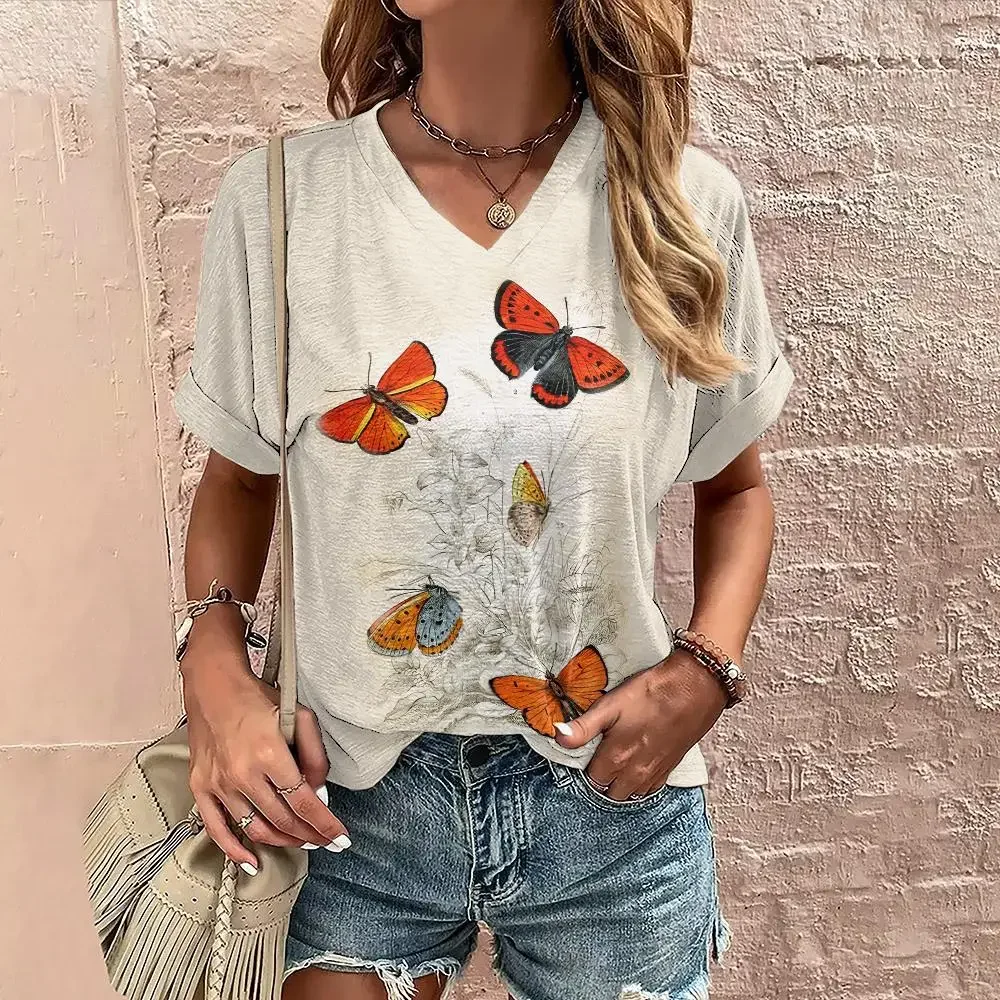 Fashion T-shirt Women's 3d flowers Printing V-neck Short-sleeve Tops Tees Summer oversized Clothing New Female T Shirt Pullover