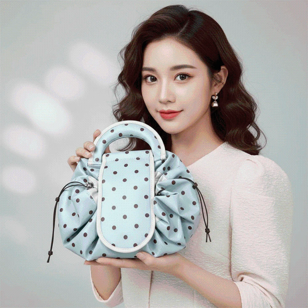 Waterproof Drawstring Makeup Pouch Foldable Portable Polka Dot Cosmetic Bag Spacious Lightweight Lazy Travel Organizer Women
