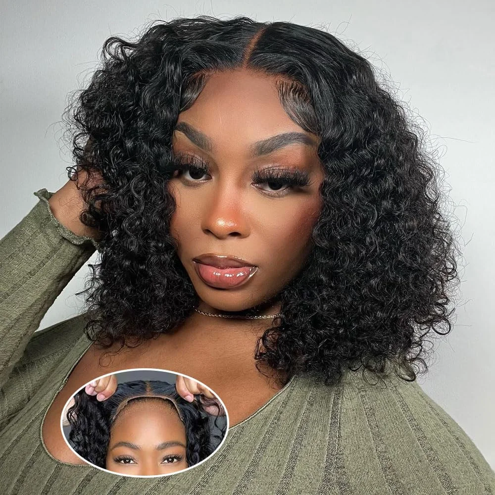 

Kinky Curly Bob Glueless 4x4 Put On And Go Парики из натуральных волос на кружеве для женщин Предварительно выщипанные 180% Плотность Натуральный цвет