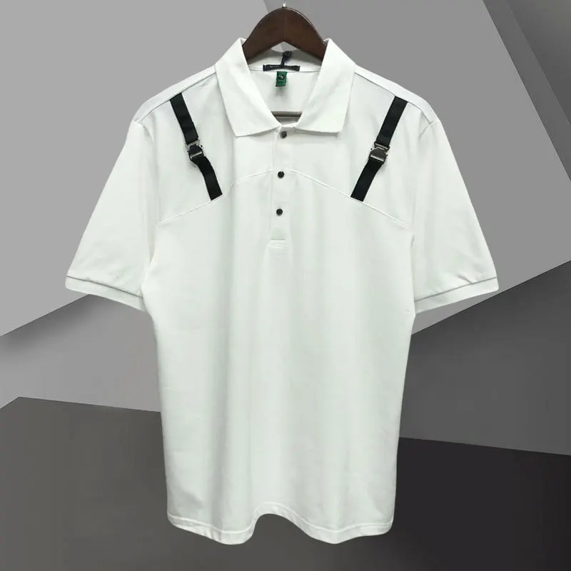 

Summer Business Simple Personalized Shoulder Strap Decorate Polo T-shirt Quality Men British Lapel Short Sleeved Polo Shirt