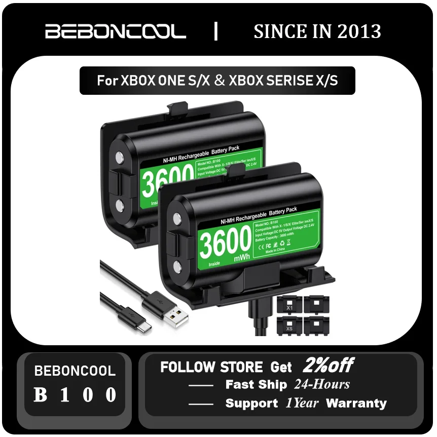 BEBONCOOL B100 2*3600 mWh Rechargable Batteries Pack For XBOX Serise S/X and XBOX ONE S/X/Elite XBOX Battery With Charging Cable