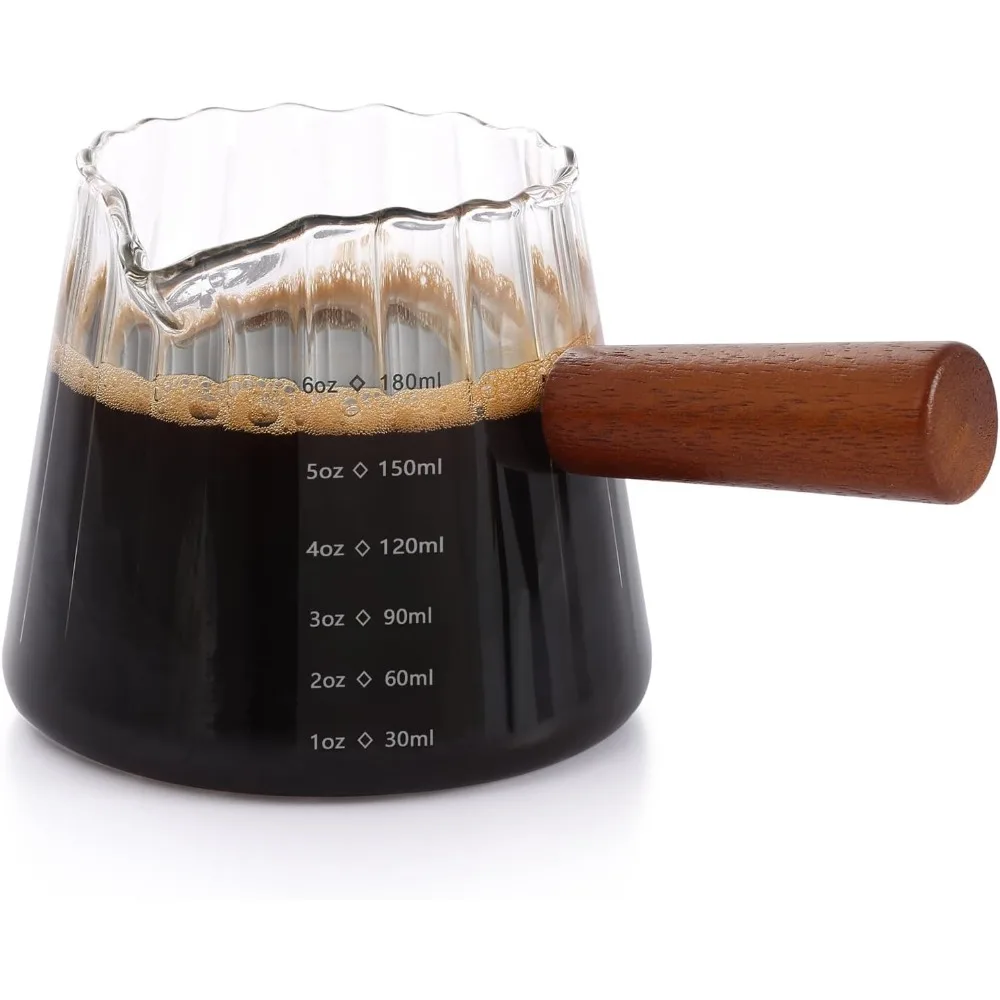 

V-Shaped Spout Espresso Shot Glasses 6 OZ with Wood Handle Ribbed Milk Coffee Measuring Cup for Barista Home Cafe