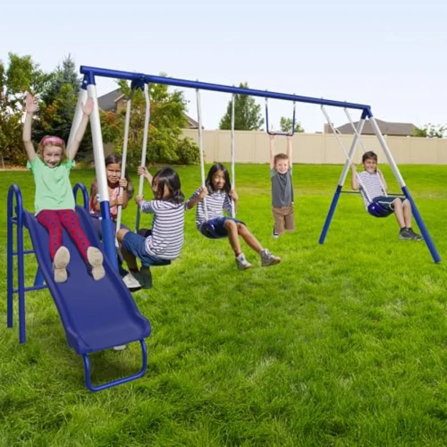 

Arcadia Metal Swing Set for Trapeze 2-Person Glider 5ft Slide Anchor Kit 6.1' Durable Steel Frame Outdoor Backyard Playset with