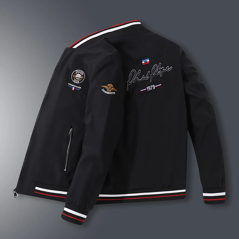 

Мужская приталенная куртка на молнии с вышивкой и Бейсбольным воротником