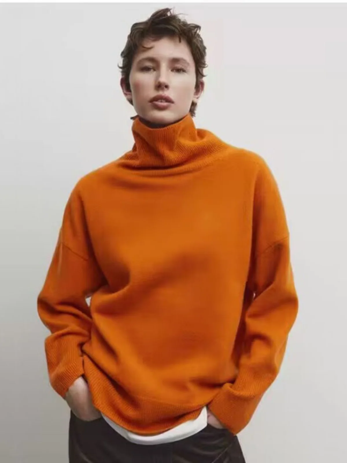 

New 2023 Winter Brown Casual Wool Blend High Ne Knitted Sweater MD Women's Commute Sle Inner Wear Comfortable Lazy Trend