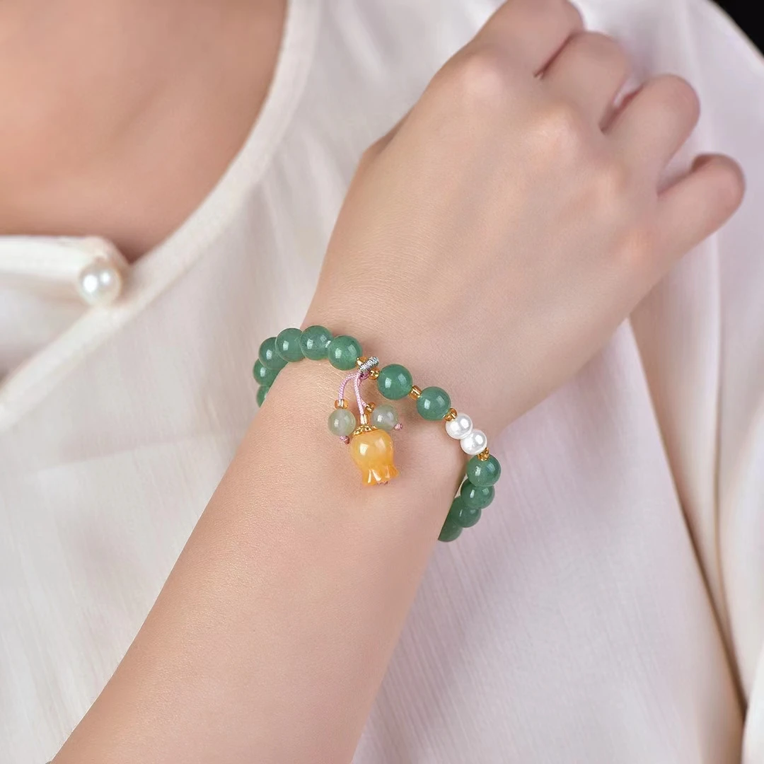 กำไลข้อมือหินลูกปัดทรงกลม Aventurine ขนาด8มม. สร้อยหินธรรมชาติของผู้หญิงเครื่องรางมีสไตล์สำหรับงานเลี้ยงสังสรรค์อัญมณี