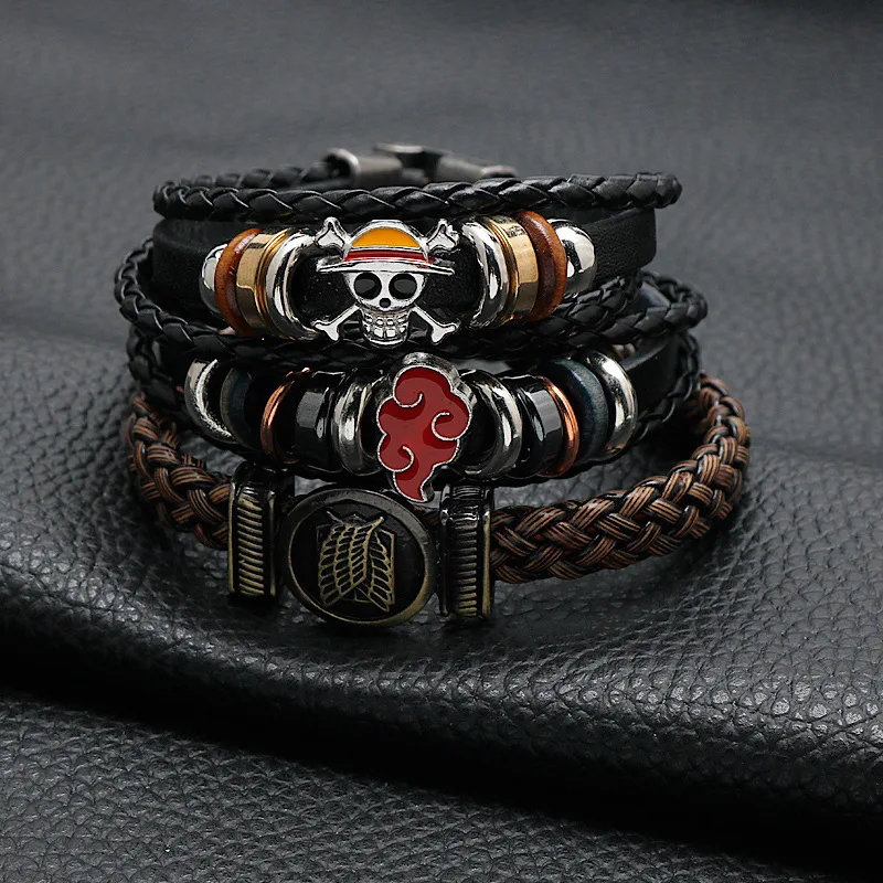 One Piece Luffy Pirate Bracelet Cartoon Action Figure Toy Straw Hat Punk Black Leather Braided Bracelet Cosplay Accessories Gift