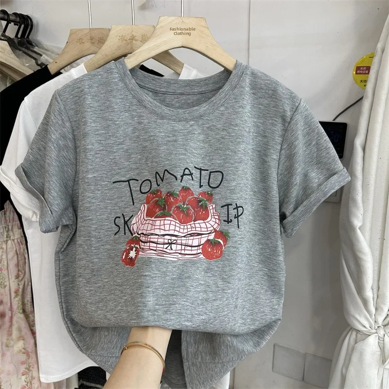 

Loose Fit Short Sleeve T-Shirt Women's Korean Style Summer New Casual Print Cotton Polyester round Neck Top for Younger Look