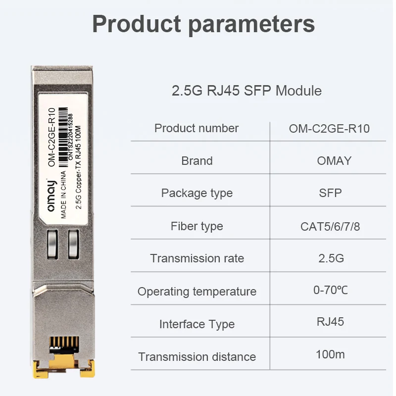 2.5G RJ45 Copper SFP Module 2.5GBase-Tx Ethernet Fiber Optic FTTH Compatible with Cisco/Mikrotik Switch 100m