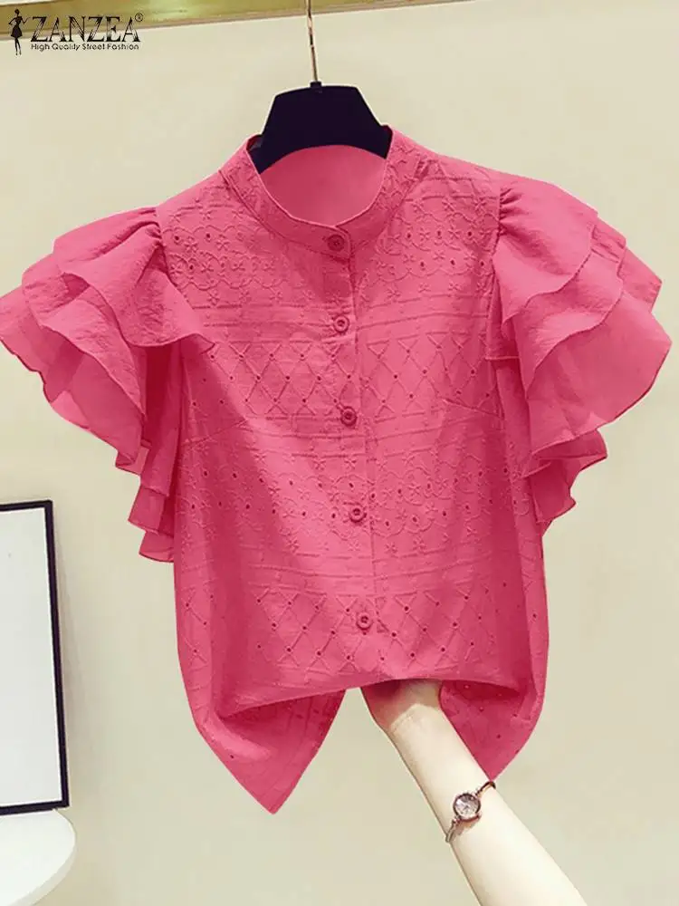 ZANZEA Office Lady Lapel Neck Buttons Tops Korean Fashion Lace Shirt Women Ruffle Short Sleeves Tops 2024 Summer Designer Blouse